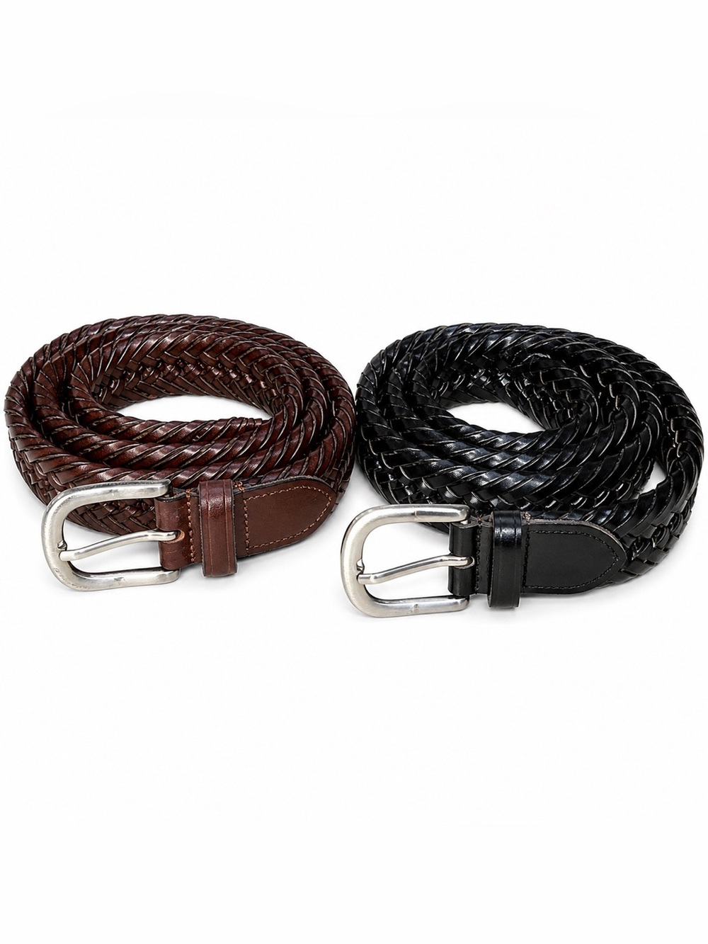 2x Braided Leather Belts Bundle Black & Brown‎ Adjustable Woven Casual Classic